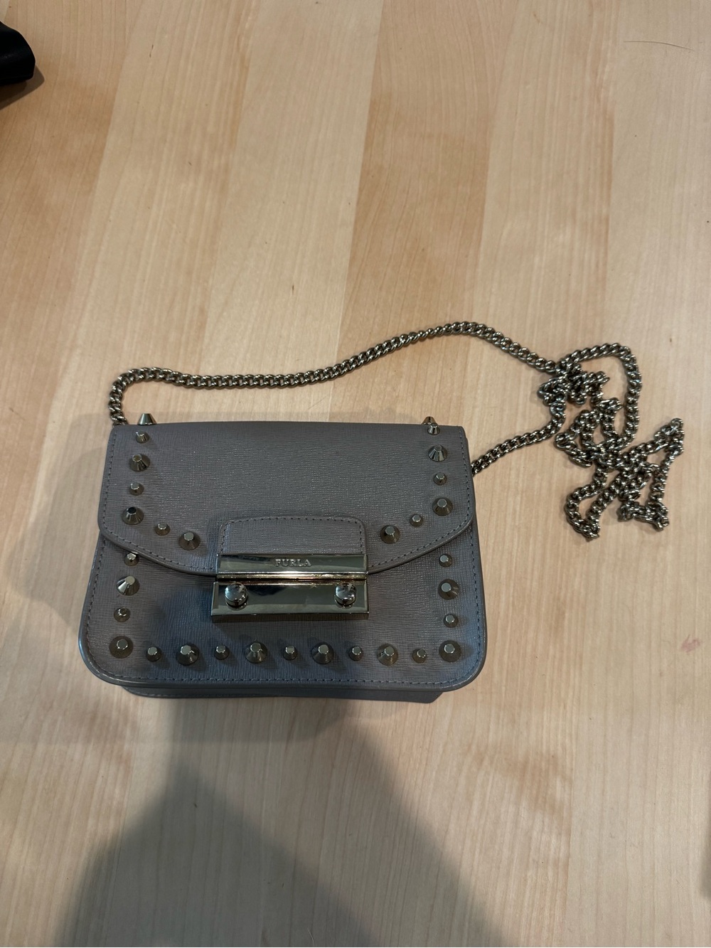 Furla Taupe Leather Studded Crossbody Mini Bag